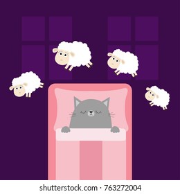 Cute Sleeping Gray Cat. Jumping Sheeps. Cant Sleep Going To Bed Concept. Counting Sheep. Animal Set. Blanket Pillow Room Two Windows. Baby Collection. Flat Design. Violet Background. 