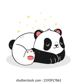 Cute Sleeping Panda With Stars. Panda Cub In Cartoon Style. Postcard Design. Isolated Animal Illustration