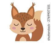 Cute sleeping squirrel head with long ears, adorable forest squirrel with closed eyes, funny cartoon vector illustration for baby shower card.