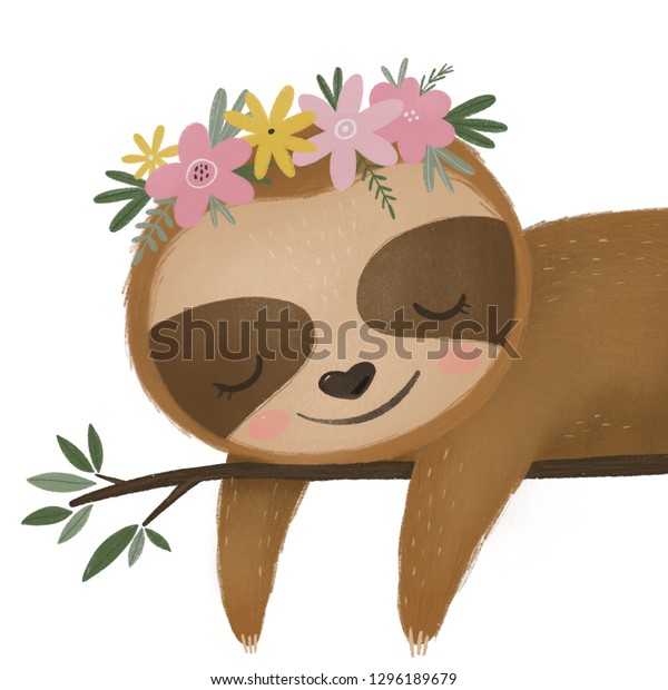 かわいいナマケイイラスト スロスの女の子春のポスター かわいいナマケモノと花 のイラスト素材 1296189679