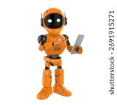 Cute and small 3d rendering artificial intelligence personal assistant robot with digital tablet
