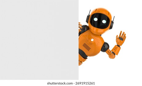 Cute and small 3d rendering artificial intelligence personal assistant robot hand up with white empty wall