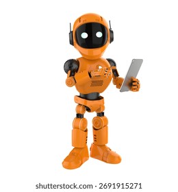 Cute and small 3d rendering artificial intelligence personal assistant robot with digital tablet