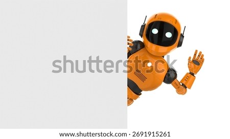 Cute and small 3d rendering artificial intelligence personal assistant robot hand up with white empty wall