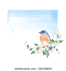 Cute Small Bird With Flowers. Watercolor Painting