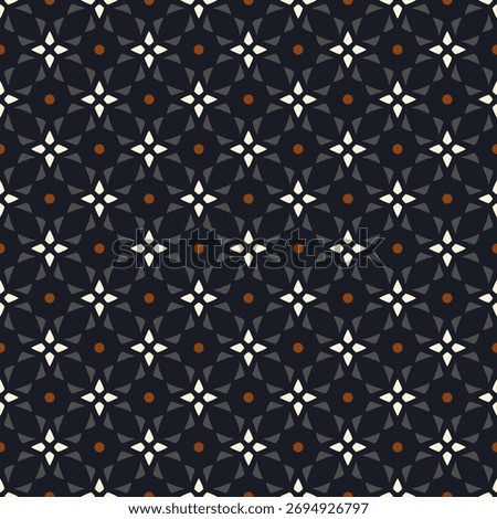 Cute small white flowers pattern round shapes motif continuous classic black background. Modern decoration elegant floral fabric design textile swatch women's dress, men's shirt all over print block.