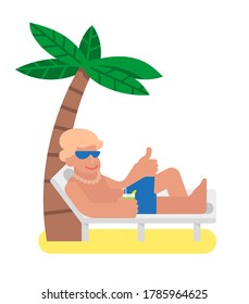 Cute Smile Sunburnt Young Man Which Relax And Enjoy Summer Hot Weather Outdoor On Beach With Tropical Palm. He Lie On The Lounge With Alcohol Cocktail. Cartoon Character Flat Design Illustration.