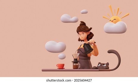 Cute smiling brunette girl in glasses wearing brown apron, yellow t-shirt making hand-drip coffee, pours hot water from black teapot into a paper filter. Good morning. 3d illustration in pastel colors - Powered by Shutterstock