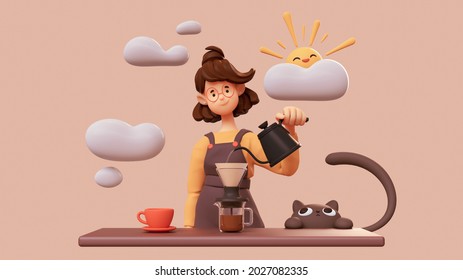Cute smiling brunette girl in glasses wearing brown apron, yellow t-shirt making hand-drip coffee, pours hot water from black teapot into a paper filter. Good morning. 3d illustration in pastel colors