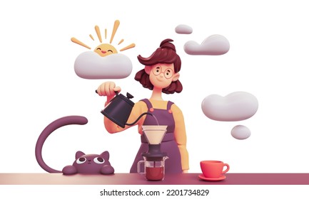 Cute smiling brunette girl in glasses wears brown apron, yellow t-shirt making hand-drip coffee, pours hot water from black teapot into paper filter. Good morning. 3d render isolated on white backdrop - Powered by Shutterstock