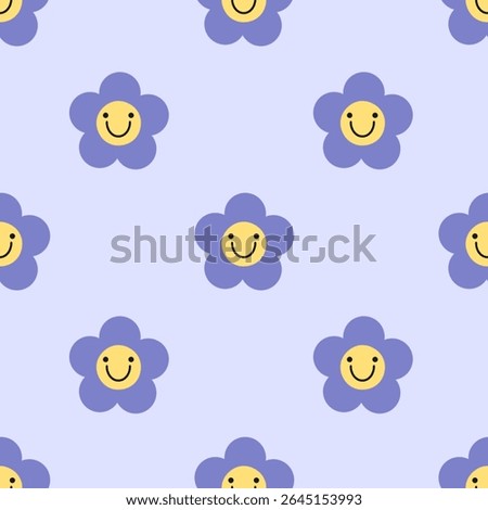 Cute smiling flower pattern in blue on a soft blue background. Playful and cheerful design, ideal for kids' products, fabric, wrapping paper, scrapbooking, packaging.