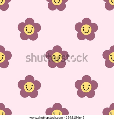 Cute smiling flower pattern in dusty pink on a soft pink background. Playful and cheerful design, ideal for kids' products, fabric, wrapping paper, and Valentine themes.