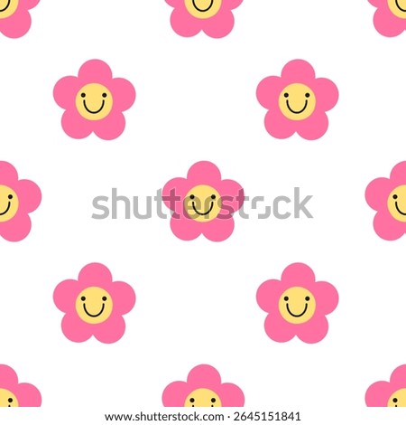Cute smiling flower pattern in pink on a soft pink background. Playful and cheerful design, ideal for kids' products, fabric, wrapping paper, and Valentine themes.