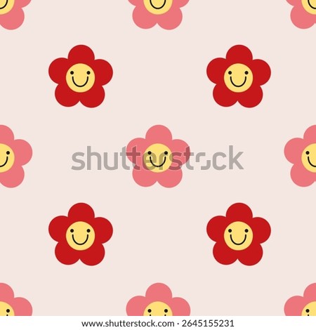 Cute smiling flower pattern in red and pink on a soft pink background. Playful and cheerful design, ideal for kids' products, fabric, wrapping paper, and Valentine themes.