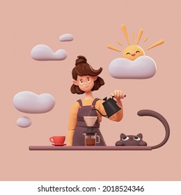 Cute smiling girl in glasses wearing brown apron, yellow t-shirt making hand-drip coffee, pours hot water from black teapot into a paper filter. Good morning. 3d illustration in pastel colors - Powered by Shutterstock