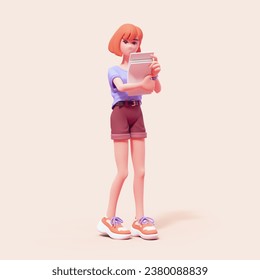 Cute smiling kawaii positive excited funny asian colorful red-haired k-pop girl wears fashion casual clothes blue t-shirt, brown shorts holds paper documents in her hands. 3d render in pastel colors. - Powered by Shutterstock