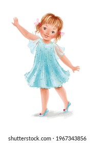 Cute smiling little girl in a beautiful blue dress on a white background. Hand-painted lovely baby with red hair. Nice illustration for t-shirts, posters, birthday. Ideal for printing and card making.