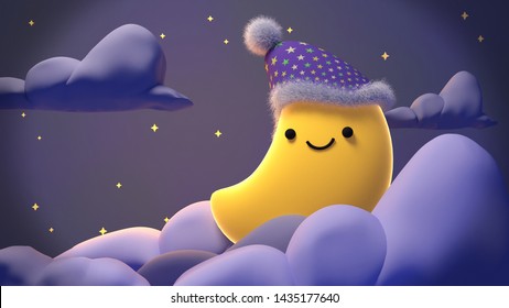 Cute Smiling Moon At Night. Concept Of Sweet Lullaby Theme. 3d Rendering Picture.