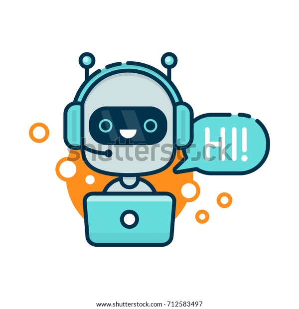 かわいい笑顔のロボット チャットボット こんにちは モダンラインアウトラインフラットスタイルの漫画の文字イラスト 白い背景に切り取り線付き バブルを話す 音声サポート 仮想オンラインヘルプのサポートコンセプト のイラスト素材