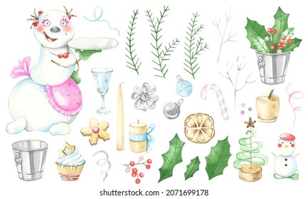 Cute Snowman Hostess. Christmas And New Year Treats. Watercolor Set.