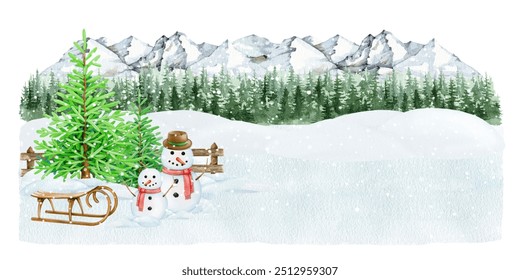 Cute snowman on snowy ground with Christmas tree in winter landscape. Winter season outdoors festive scene. Vintage style illustration. Winter time decor with fir tree, sled, snowman, snow piles - Powered by Shutterstock