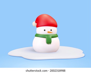 Cute snowman wearing Santa hat and green muffler scarf on snow. 3d illustration. - Powered by Shutterstock