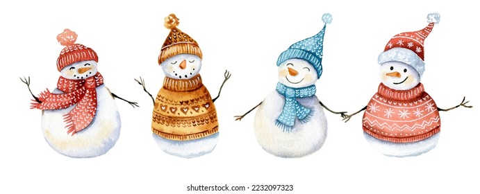 Cute snowmen in knitting hats hand drawn watercolor christmas character set. New Year, Christmas bright watercolor snowmen isolated on white background