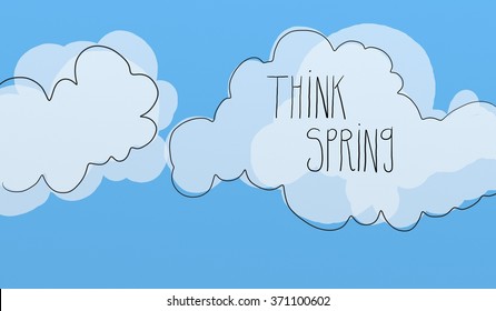 Cute Spring Illustration With Typography That States Think Spring On Puffy White Clouds