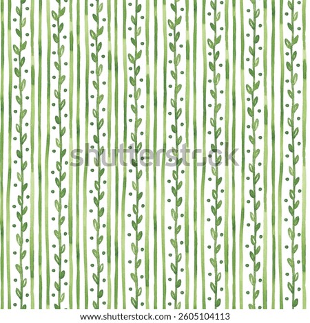 Cute spring seamless pattern. Hand drawn watercolor print. Monochrome green design. Spring foliage seamless tile. Vertical branches design for textile, fabric, clothing, wallpaper, packaging
