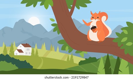 Cute squirrel with acorn in rural summer mountain green landscape illustration. Cartoon furry squirrel character hugging walnut, forest animal loving nut food, woodland on sunny day background - Powered by Shutterstock