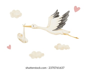 Cute stork flies and carries newborn baby in clouds. Watercolor illustration isolated on white. - Powered by Shutterstock