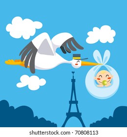 Cute Stork Flying The Skies Over Eiffel Tower Carrying A Newborn Baby For Delivery