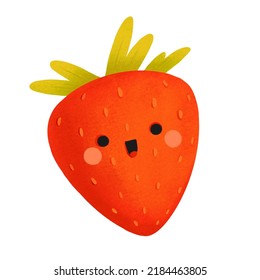 Cute Strawberry, Kawaii Fruit Clipart, Isolated On White Background, Suitable For Prints, Postcards, Patterns, Stickers, Website Elements