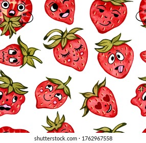 怒ったイチゴと悲しい桜の柄の水彩イラスト ベリーのキャラクター 差別 漫画 かわいい 食べ物のカラフルな背景 果物の壁紙 のイラスト素材