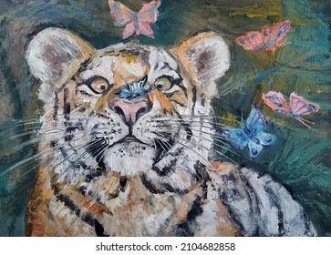 cute striped tiger cub looks funny and beautiful yellow eyes at butterflies  colored background  oil painting