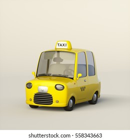 Cute stylized yellow cartoon taxicab with a taxi roof sign and a checker on the body side isolated on a light background. 3d rendering car illustration