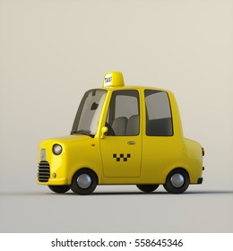 Cute stylized yellow cartoon taxicab with a taxi roof sign and a checker on the body side isolated on a light background. 3d rendering car illustration