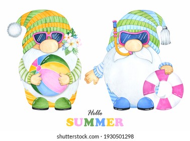Cute summer gnome on a white background. Watercolor illustrations. Pool patry.