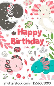 Cute summer Kawaii axolotl  baby amphibian drawing  Happy birthday greeting card and lizard  Flat style design  Ambystoma mexicanum