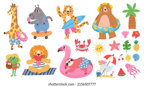 Cute summer tropical animals travel, surf and skateboard. Giraffe with swim ring, lion sunbathe on beach, fun hippo eat ice cream  set. Sloth lying on flamingo ring, frog drinking cocktail