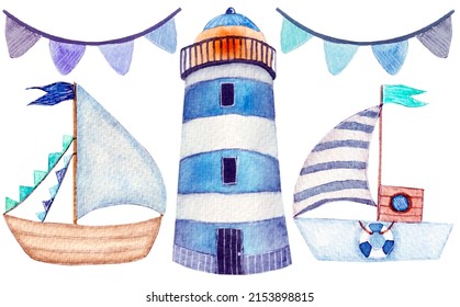 Cute summer watercolor collection, burning lighthouse, bright garlands, cartoon boats  isolated on white background