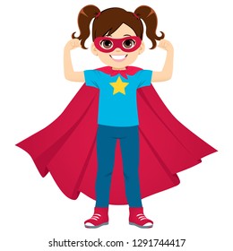 Cute super hero little girl standing flexing arms showing strength - Powered by Shutterstock