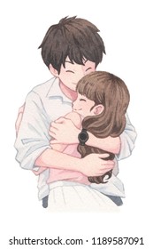 Cute Sweet Couple tight love hug Watercolor Illustration