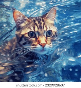 A cute tabby cat swimming in the water