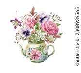 Cute teapot with garden flowers bouquet watercolor illustration isolated on white background. Tea rose, violets, herbs and other flowers rural plot illustration.