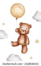 Cute teddy bear and balloon; watercolor hand drawn illustration; with white isolated background