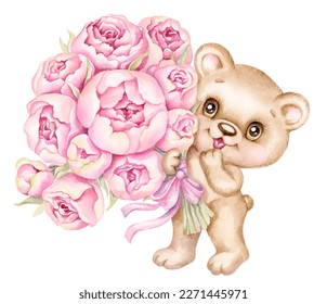 Cute teddy bear   big bouquet pink peony flowers  hand drawn watercolor illustration  Cartoon baby bear and roses  Perfect for invitations  birthday  valentines  mothers day greeting card  PNG
