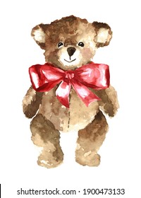 Cute teddy bear and big pink bow Valentine's Day watercolor illustration  Hand painted toy bear design element isolated white background  Design for Mother's Day  Birthday cards  postcards  prints
