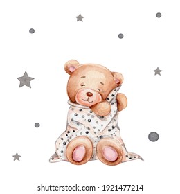 Cute teddy bear with blanket; watercolor hand drawn illustration; can be used for baby shower or cards; with white isolated background