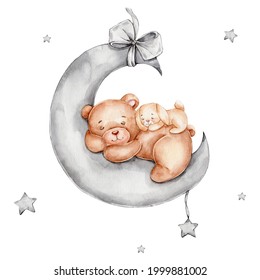Cute teddy bear   bunny sleeping grey moon; watercolor hand drawn illustration; can be used for baby shower postcard; and white isolated background